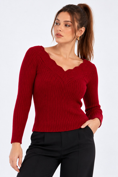 citycenterfashion Γυναικείο Κόκκινο Πουλόβερ γιακά Guipure Cty-cnd-11903b