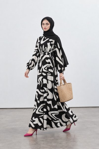 Sevitli Geometric Pattern Dress-Black
