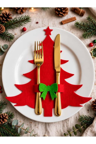 BebisStore Red 6 Pieces Decorative Pine Tree Fork Spoon Holder Felt Christmas...