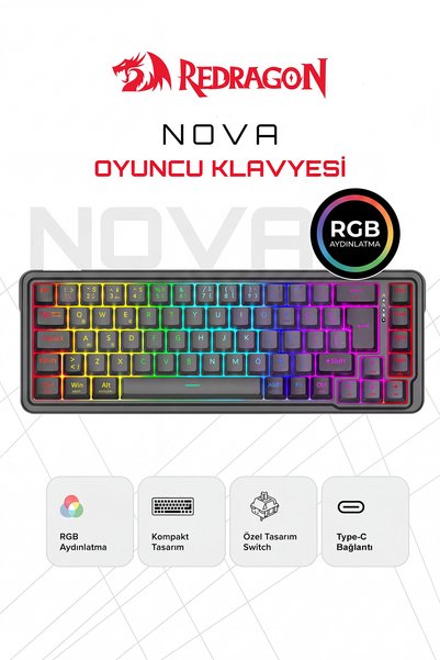REDRAGON 68 Tuşlu Kablolu Gasket RP Manyetik Switch 8000hz RGB Oyuncu Klavyes...