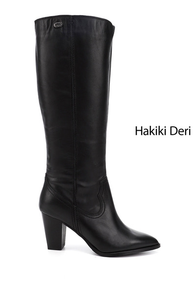 GÖNDERİ(R) Women's Black Pointed Toe Thick Heeled Genuine Leather Boots