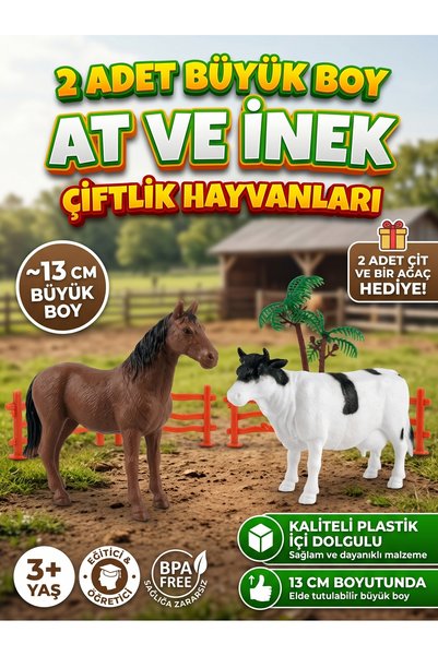 Numaca 2 Adet At ve İnek Çiftlik Hayvanları Plastik Hayvan Seti Gerçekci Tasa...