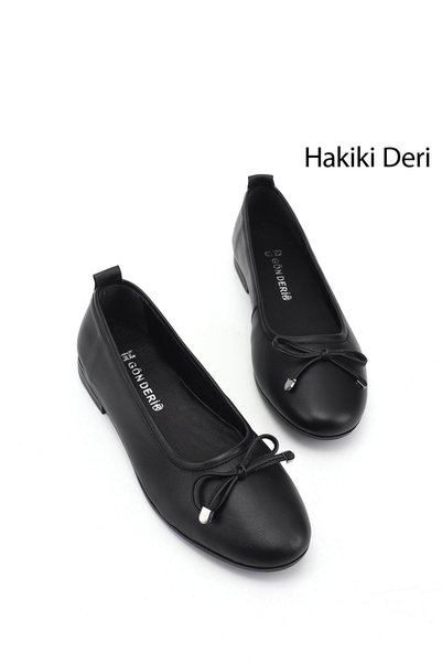 GÖNDERİ(R) Women's Black Bow Genuine Leather Ballerinas