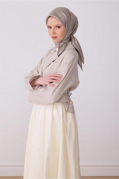 Belli Kahverengi Monogram Desen %100 Twill İpek Eşarp 4321 - 51