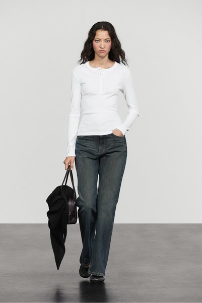 Massimo Dutti Düğmeli yaka uzun kollu %100 pamuklu t-shirt