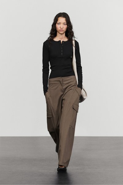 Massimo Dutti Düğmeli yaka uzun kollu %100 pamuklu t-shirt