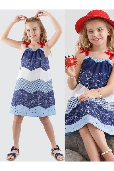 Denokids Rochie de fetiță din popelin cu model albastru bleumarin alb