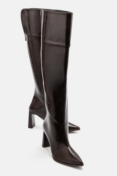 babiva Women's Over-The-Knee Brown Shiny Patent Leather Pointed Toe Zippered ...