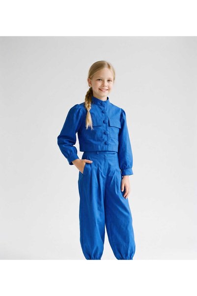 Hilal Akıncı Kids Girl's Judge Collar Balloon Sleeve Lined Crop Jacket Puff D...