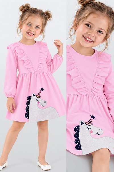 Denokids Rochie de iarnă pentru fete, din bumbac, cu model unicorn, roz, cu m...