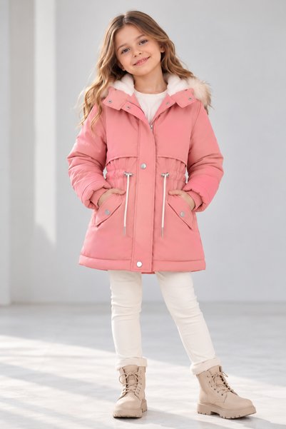 Ricalena Kız Çocuk Kürklü Kapüşonlu Kışlık Mont Parka Model Kanvas Kumaş Bel ...