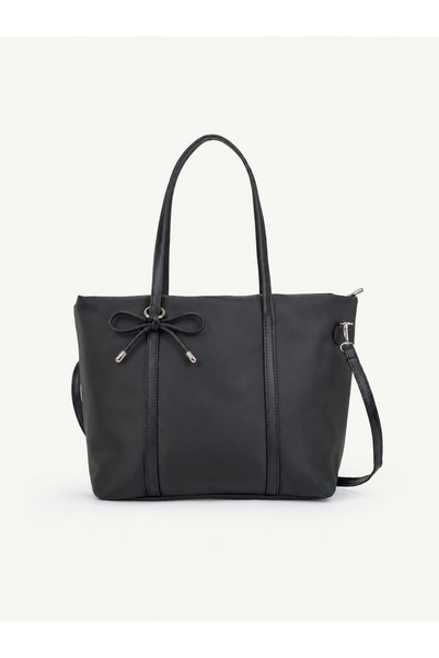 SHAKA Black Shk319 Shopper Bag with Bow Charm, Zipper Closure, and Lining