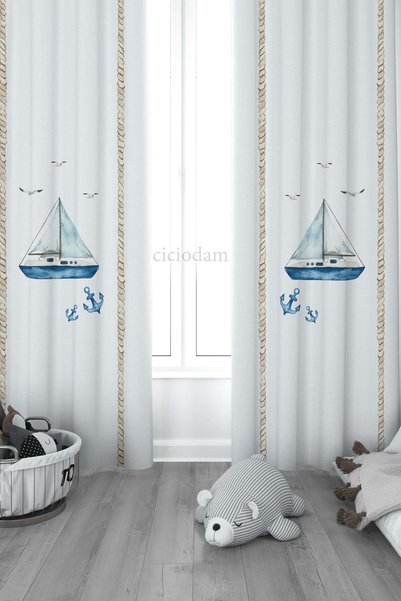CİCİ ODAM 1 Kanat Çocuk Odası Perdesi Fon Perde Denizci Temalı Çapalı ve Yelk...