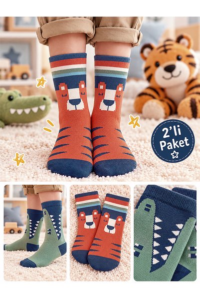 Denokids Șosete pentru băieți, cu model tigru și crocodil, din bumbac, albast...