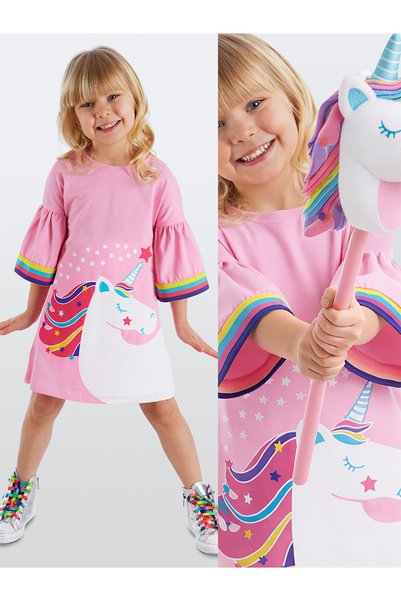 Denokids Kız Çocuk Unicorn Pamuklu Yazlık Elbise-Fırfırlı Kol Eğlenceli Tasar...
