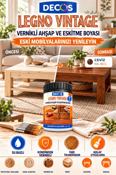 DECOS LEGNO VINTAGE Ceviz Rengi – Su Bazlı Vernikli Ahşap ve Eskitme Boyası -...
