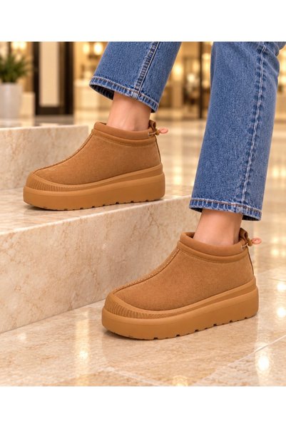 YNS STORE YNS Boğazı Lastikli İçi Tüylü Ayakkabı Taba