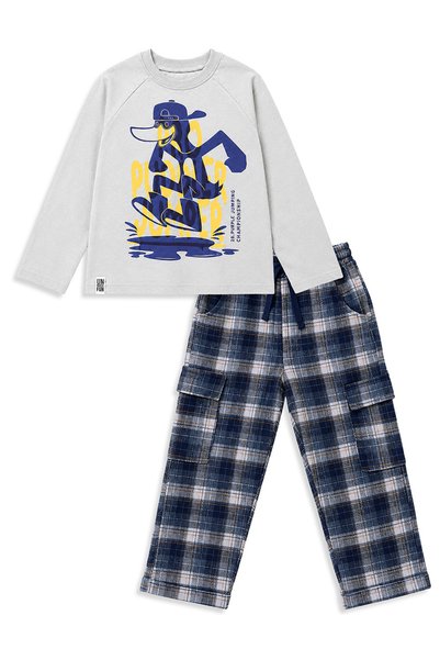 Denokids Erkek Çocuk Takım Ördek Baskılı %100 Pamuk T-shirt - Ekose Dokuma Pantolon (6-11 Yaş)