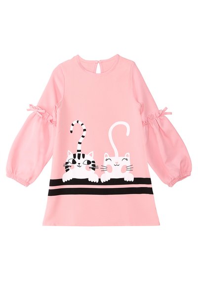 Denokids Pembe Cute Friends Kız Çocuk Dokuma Balon Kol Kışlık Elbise