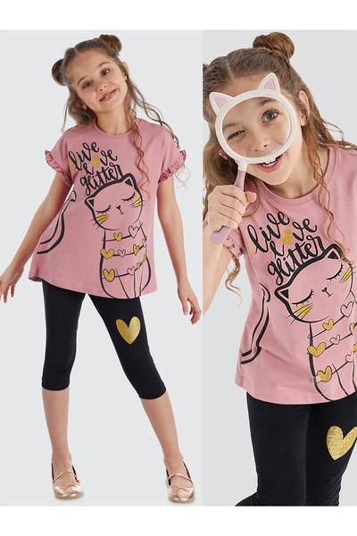 MSHB&G Set de tricou și jambiere de vară pentru fete, Love Cat, roz și negru,...