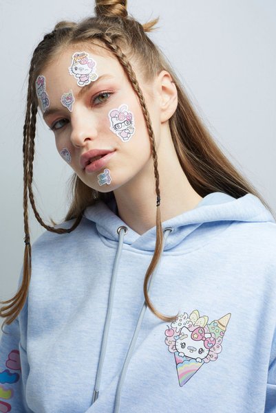 Hello Kitty Licensed Printed Hooded Thick Blue Sweatshirt