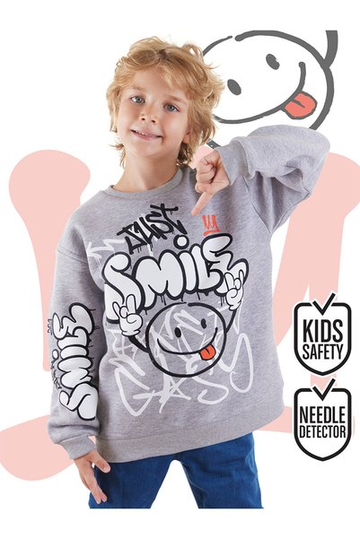 Denokids Just Smile Erkek Çocuk Gri Sweatshirt
