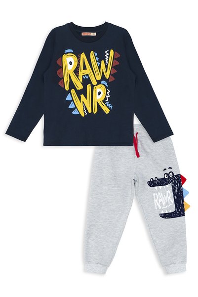 Denokids Erkek Çocuk Kışlık Dinozor Desenli Pamuklu Lacivert Uzun Kollu 2 Parça T-Shirt Pantolon Takımı 2-8 Y