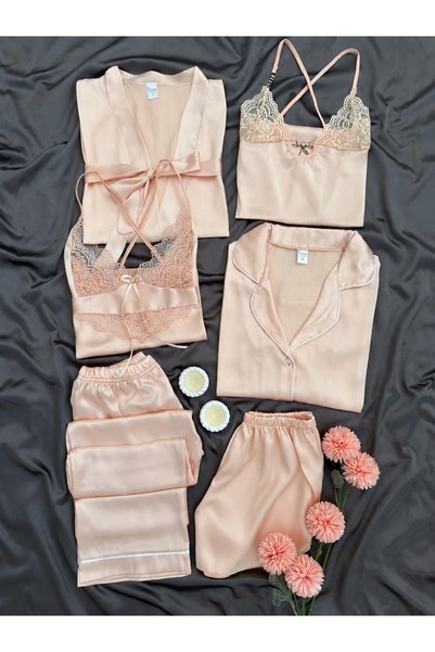 Lena Homewears Kadın Saten Pijama Gecelik Şortlu Sabahlık Lena Çeyiz Seti