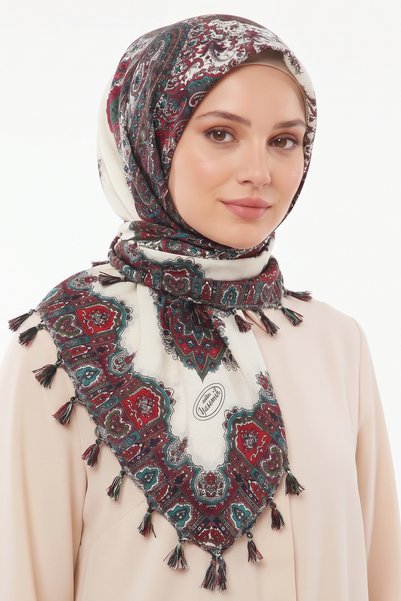 hadiora Women's Ecru Red Shawl with Patterned Pull-On Beads for Writing
