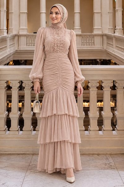 N.S NEVA STYLE Ruffle Detailed Biscuit Hijab Evening Dress 50271Bs