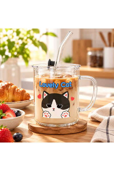3NUR Lovely Cat Cam Pipetli Vakum Kapaklı Kupa 500 ml Şeffaf Bardak