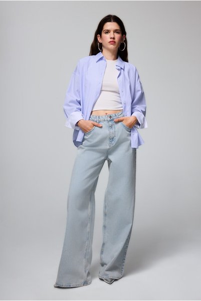 DeFacto 100% Cotton Wide Leg High Waist Light Blue Jean Trousers I1919Ax26Au
