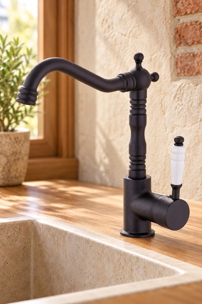 KUSTAR Verona Black Kitchen Sink Faucet Porcelain Arm