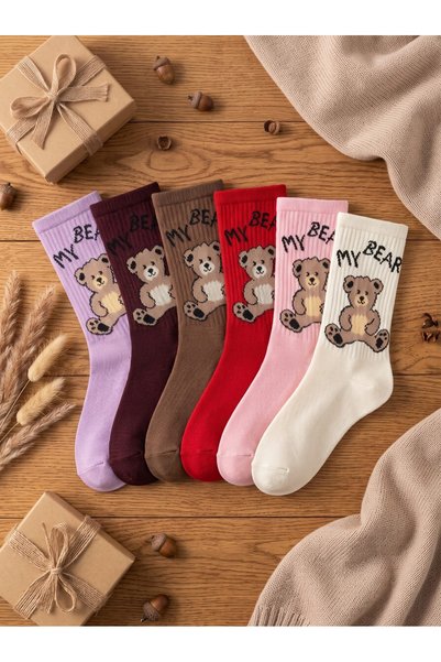 SOYTEMİZ Women's Cute Teddy Bear Figured Cotton Tennis Socks 6 Pack