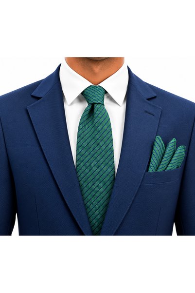Brianze 7.5 cm Green Navy Blue Striped Tie and Handkerchief Set