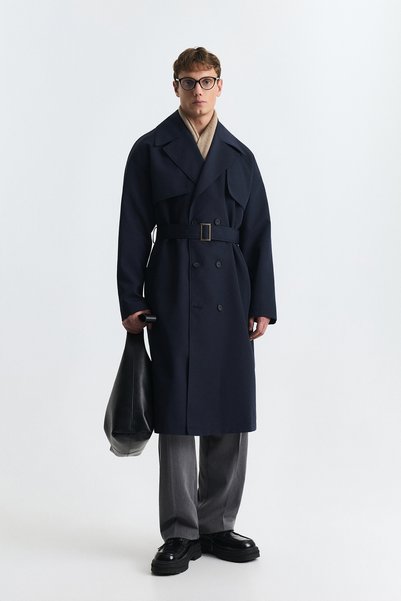 Antioch Navy Blue Double-Breasted Closed Belted Trench Coat