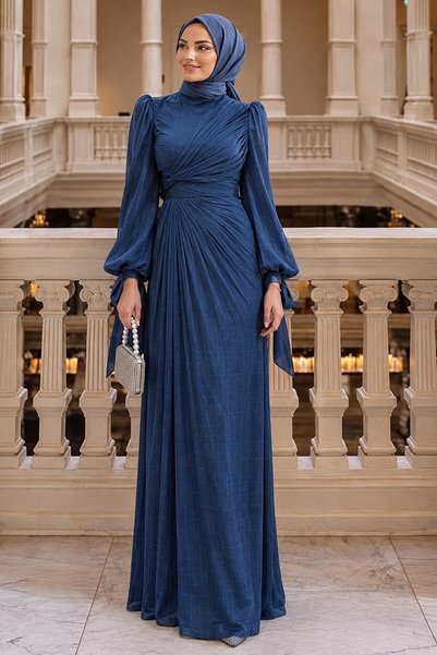 N.S NEVA STYLE Drape Detailed Navy Blue Hijab Evening Dress 52285L