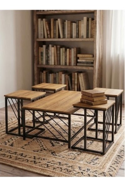 IN HOME STORE طقم طاولات قهوة مودرن 5 قطع بتصميم خشبي وقواعد معدنية سوداء
