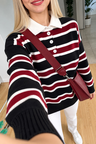 Gülce moda Buttoned polo neck striped oversize knitwear sweater