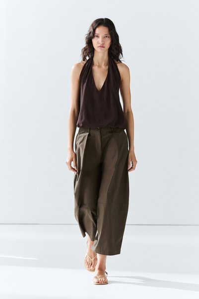 Massimo Dutti Pamuk poplin karışımlı geniş paça pantolon