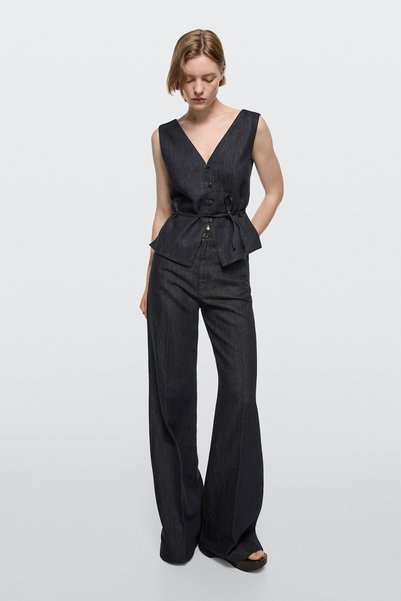 Massimo Dutti Yüksek bel palazzo denim pantolon total look