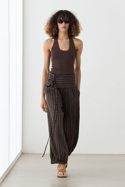 Massimo Dutti Çizgili şalvar pantolon kuşak detaylı