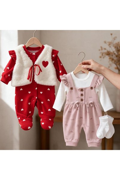 ALTINTAŞ BABY Plush Vest Set and Detailed Booties Dungarees - Bow Detail Dung...