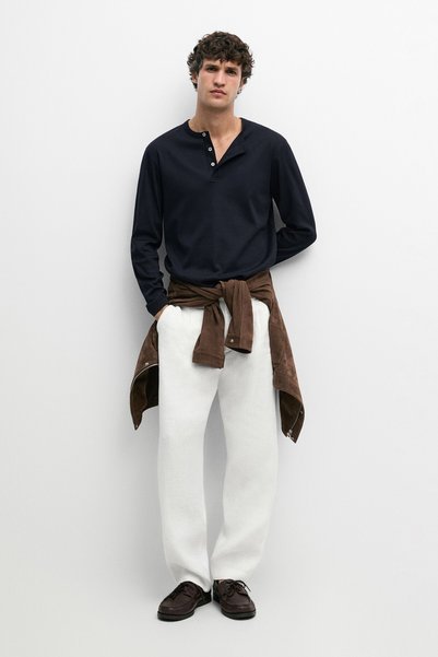 Massimo Dutti %100 pamuklu, uzun kollu, düğmeli yaka tişört