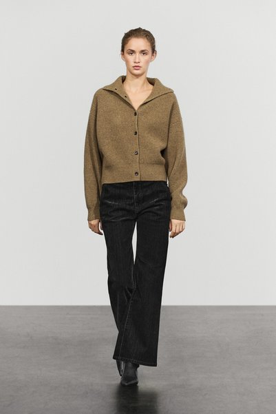 Massimo Dutti Suni inci efektli fitilli örgü dik yaka %100 yün hırka