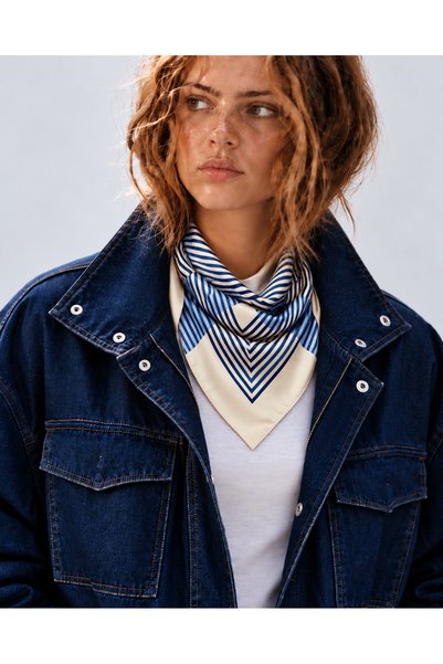 Bolder Scarf Mavi Ekru Çizgili Fular  70*70