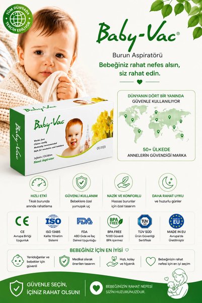 Baby-Vac Burun Aspiratörü Elektrik Süpürgesi İle Çalışır. 35 Yıldır 50'den Fazla Ülkede