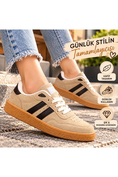 BlackSea Kadın Günlük Spor Ayakkabı Vizon Süet Görünümlü Bağcıklı Retro Model...