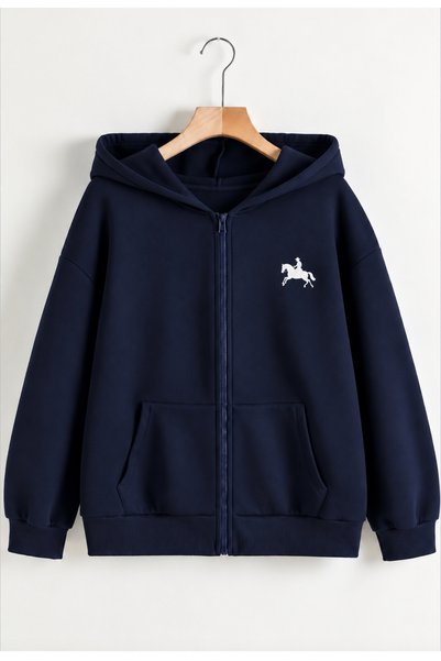 SANTAMİLA Lacivert At Baskılı Kapşonlu Hırka Sweatshirt
