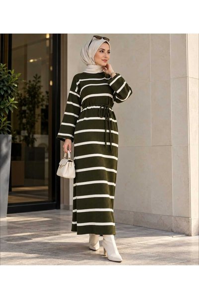 Vaniza Bed Striped Rope Lace-Up Knitwear Dress